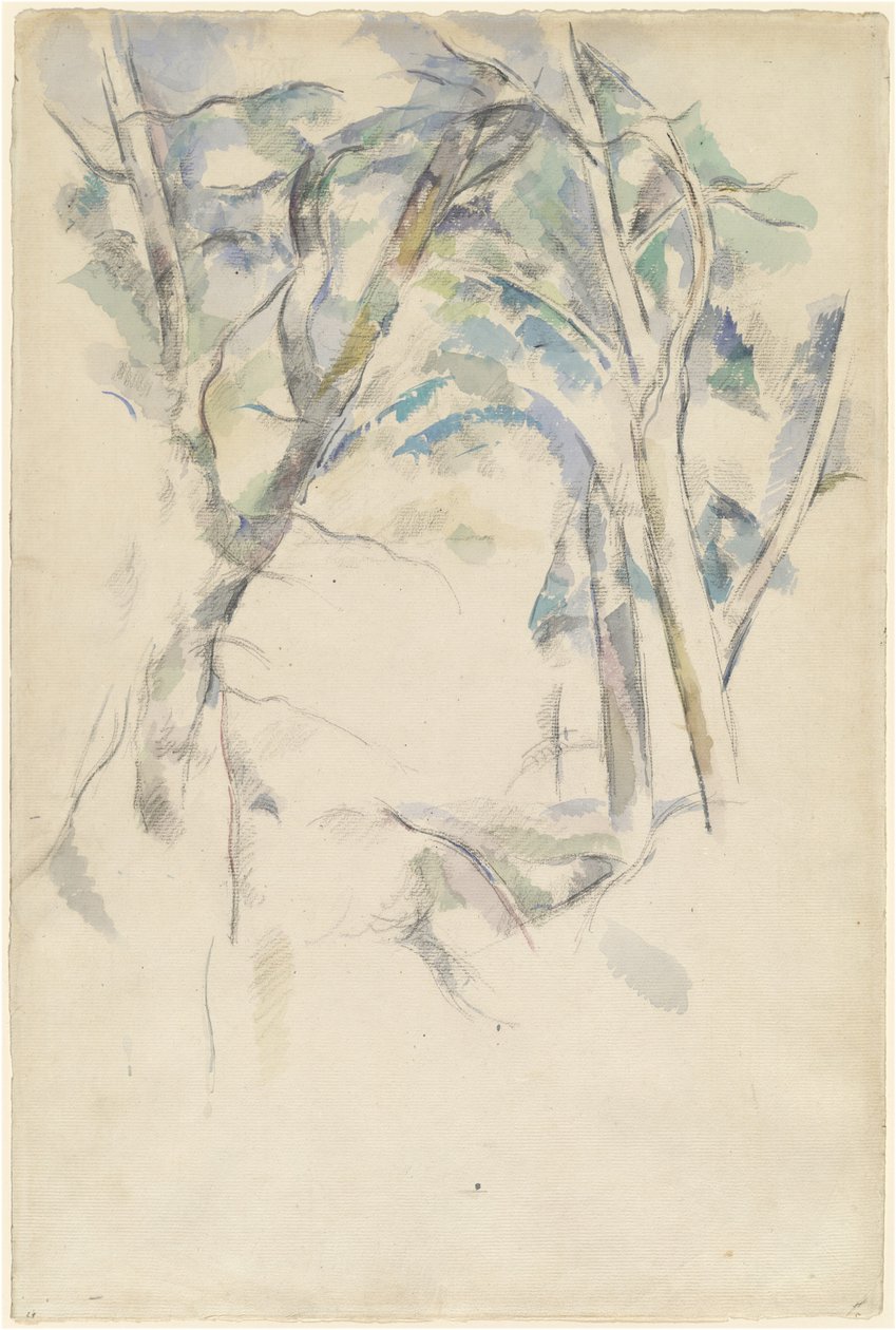 Kayaların üzerine eğilmiş ağaçlar by Paul Cézanne