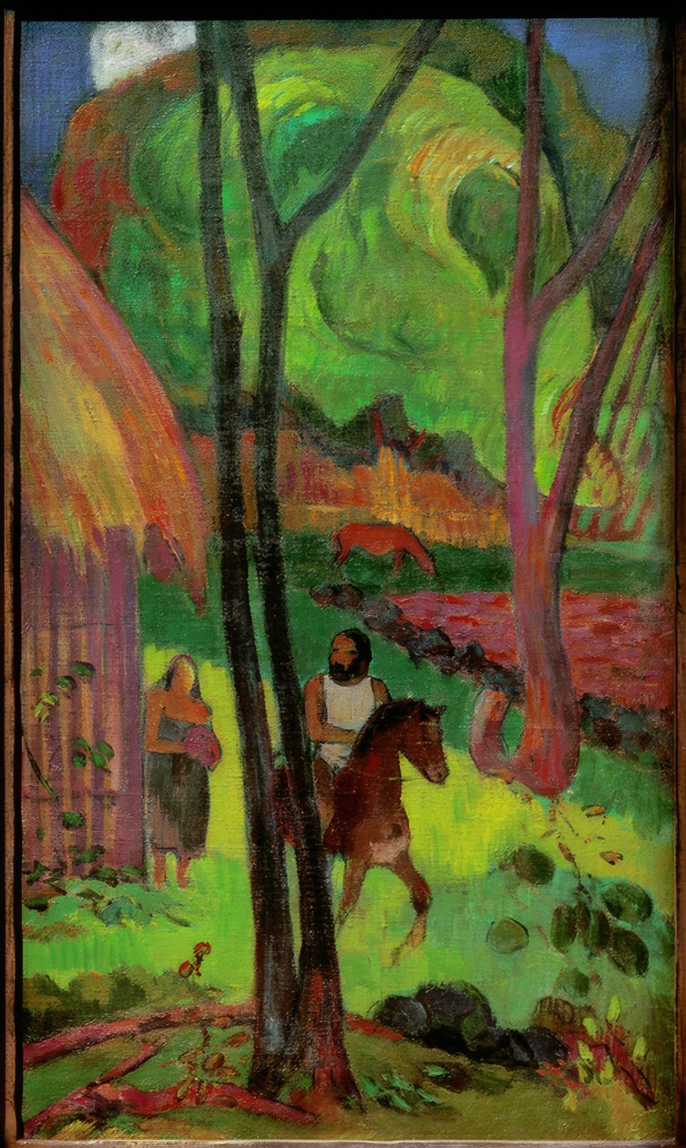 Kulübenin önünde atlı by Paul Gauguin