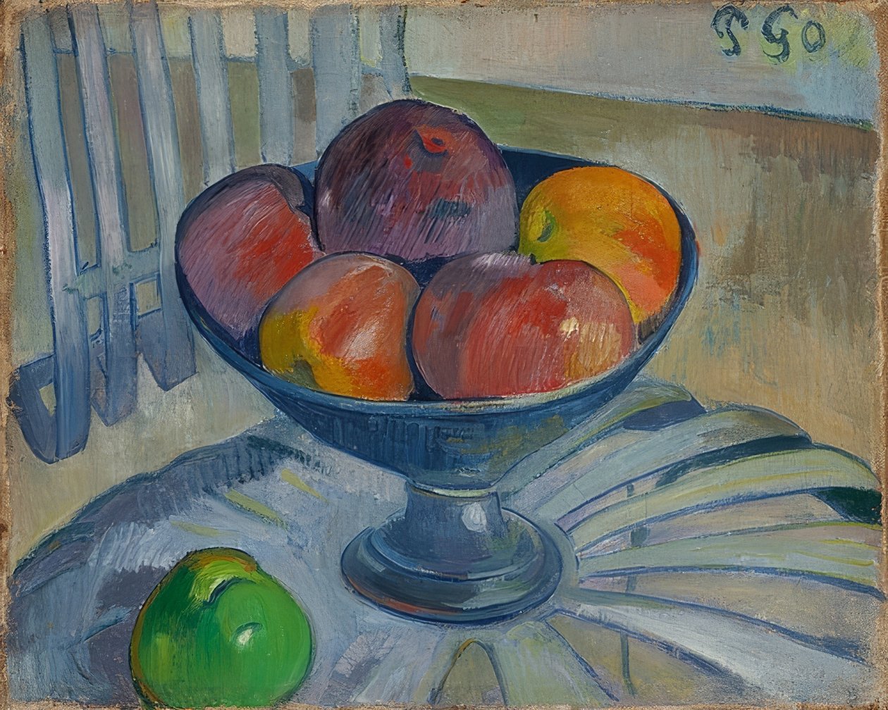 Bahçe sandalyesinde bir kase meyve. 1890 civarında by Paul Gauguin