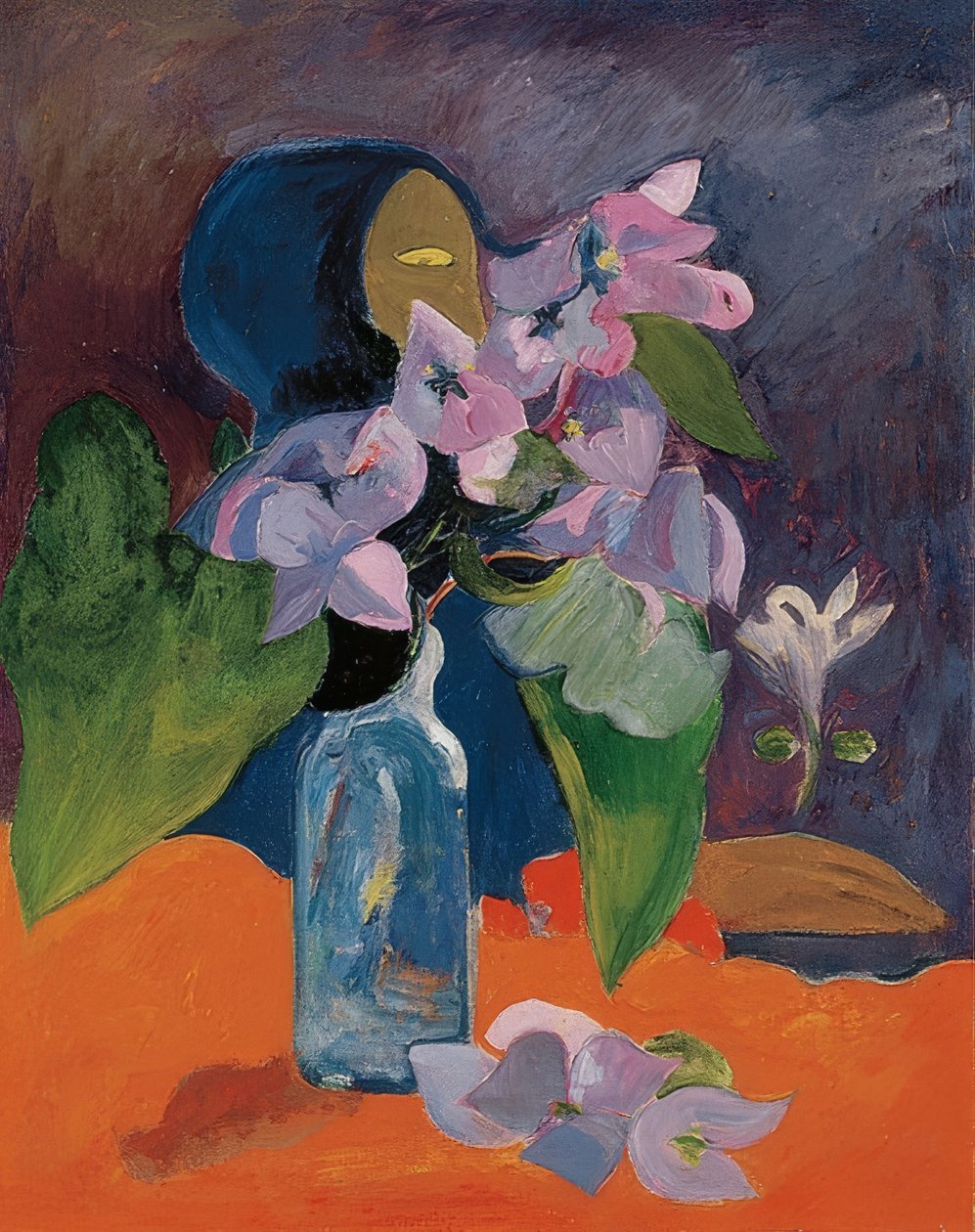 Çiçekler ve idol ile natürmort. 1892 civarında by Paul Gauguin
