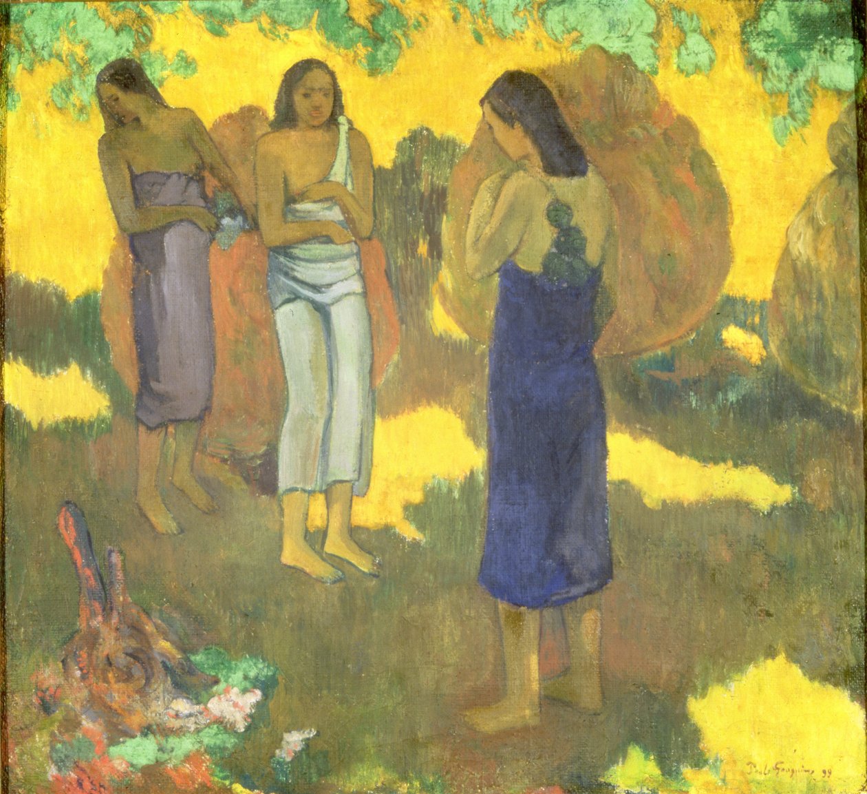 Sarı Bir Arka Plana Karşı Üç Tahitili Kadın by Paul Gauguin