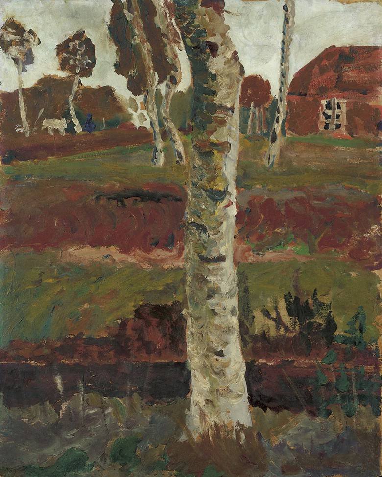 Ev ile manzara önünde hendekte huş ağacı gövdesi by Paula Modersohn Becker