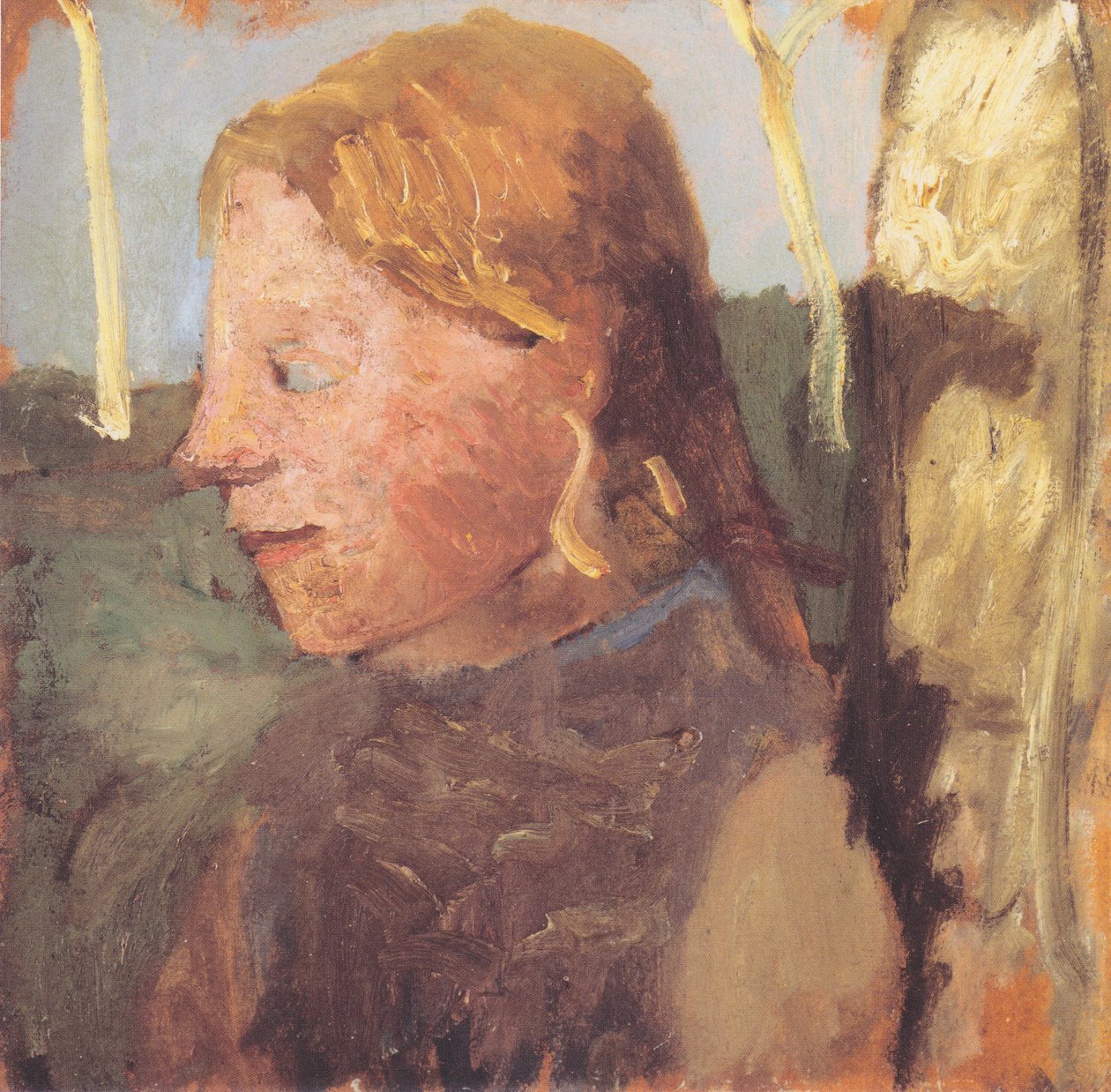 Bir huş ağacının yanında profilde bir kızın yarım boy portresi by Paula Modersohn Becker