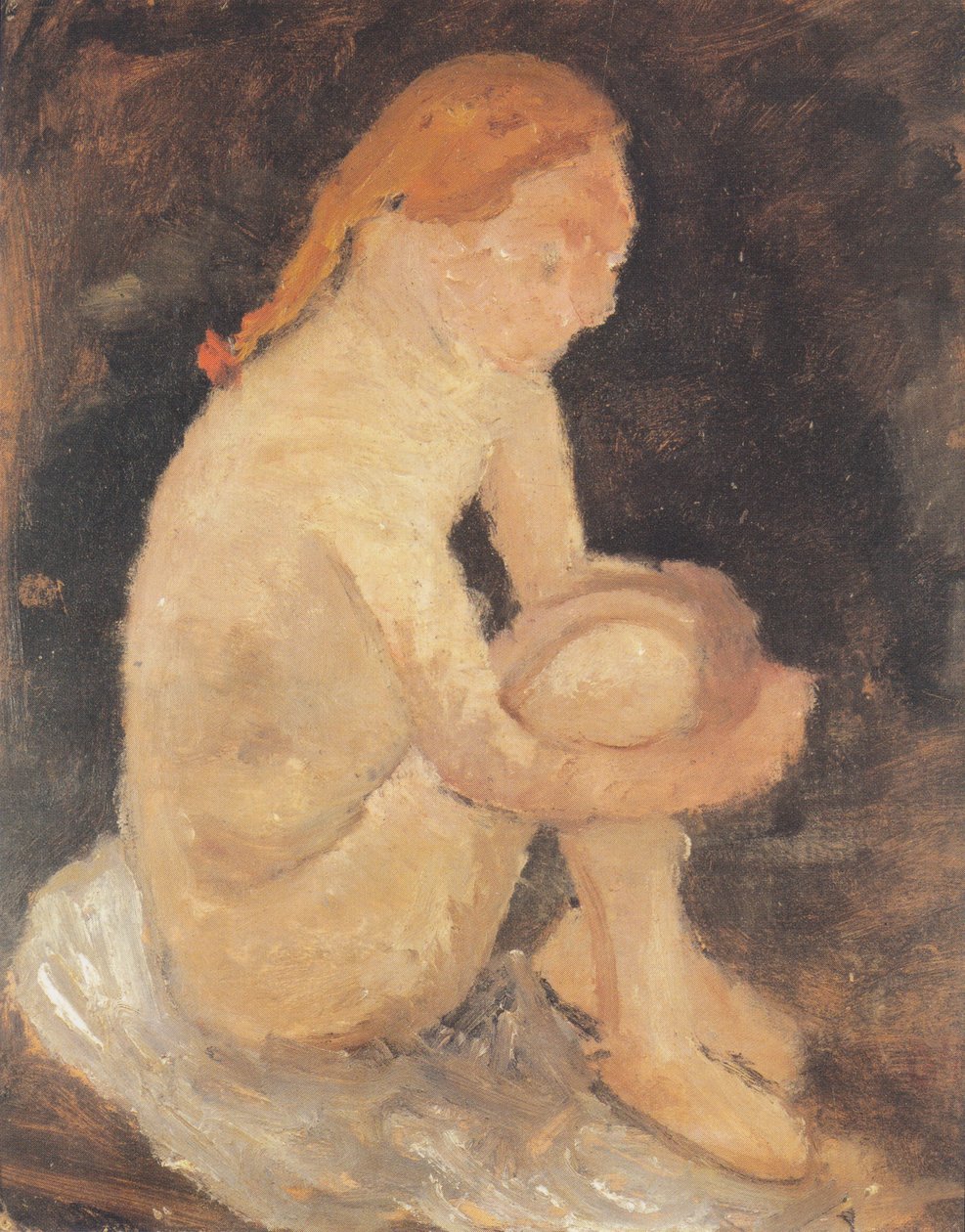 Sağda oturan çıplak kız, bacakları yukarı çekilmiş by Paula Modersohn Becker