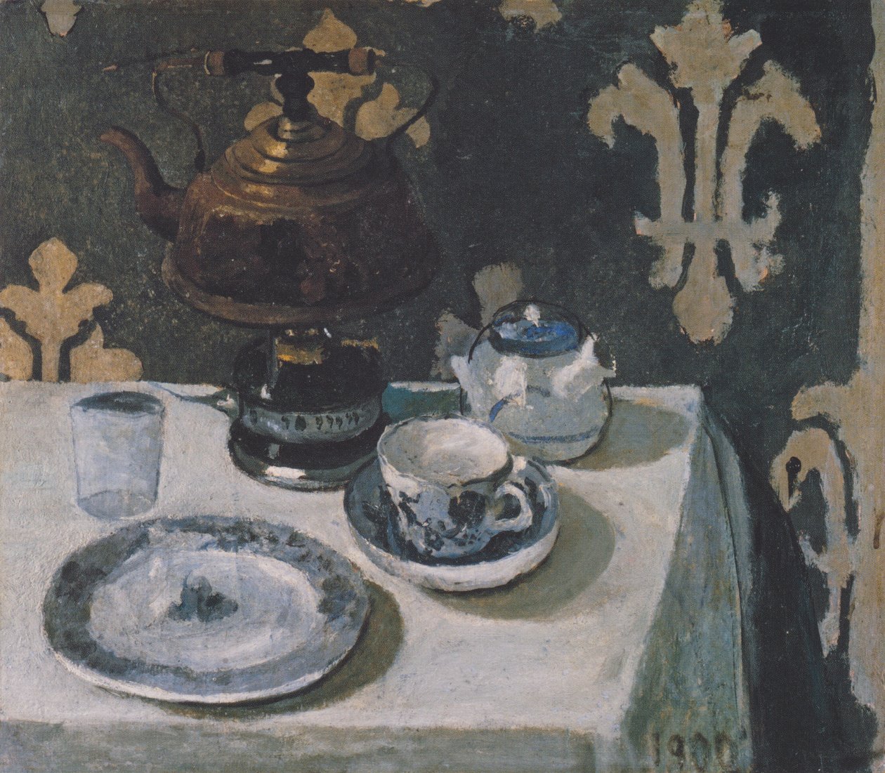 Mavi ve beyaz porselen ve çaydanlık ile natürmort by Paula Modersohn Becker