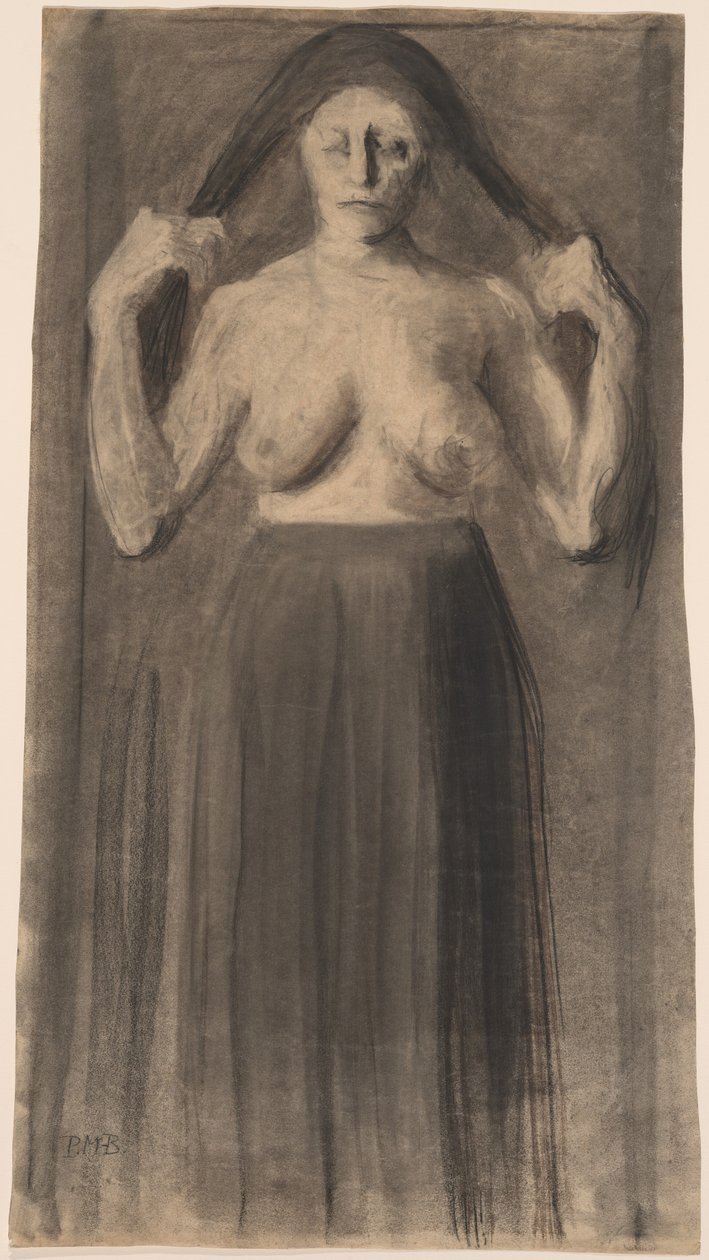 Saçlarını Ayrı Tutan Yarı Çıplak Kadın by Paula Modersohn Becker