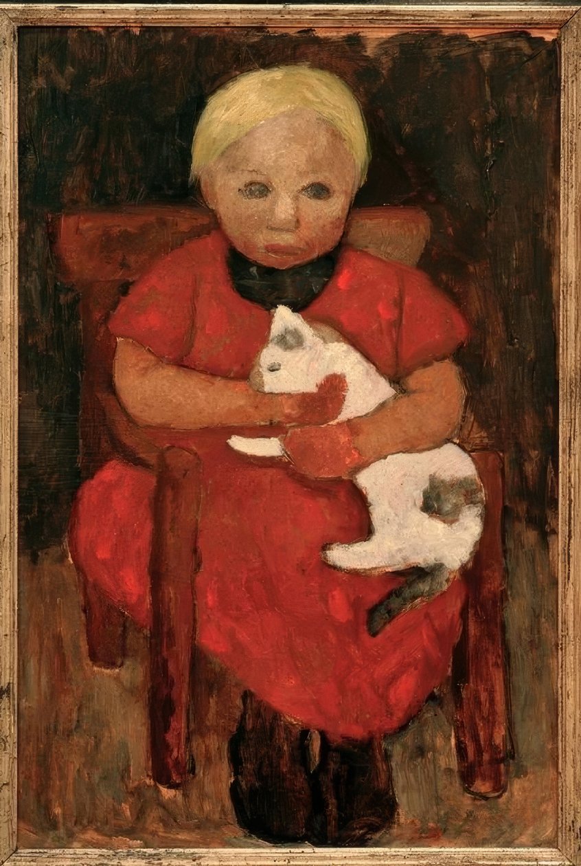 Bir kedi ile oturan çiftçi çocuk by Paula Modersohn Becker
