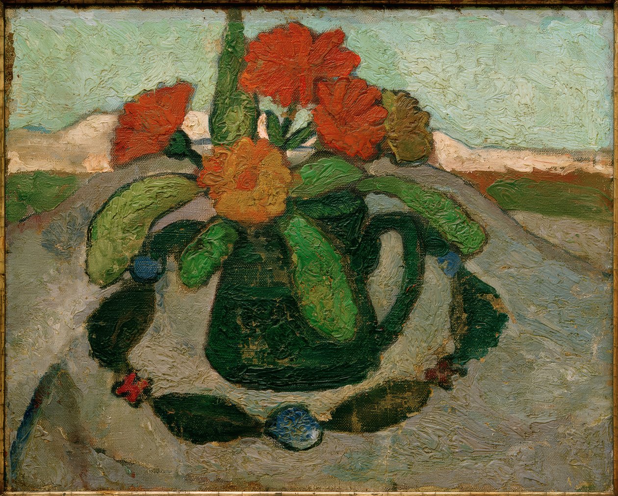 Bir manzara önünde kadife çiçeği ile natürmort by Paula Modersohn Becker