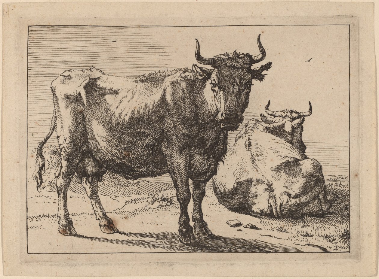 Bir İnek Ayakta ve Bir İnek Yatarken by Paulus Potter