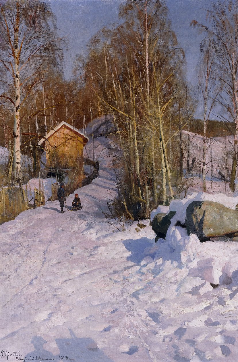 Çocukların Kızak Sürdüğü Bir Kış Manzarası by Peder Monsted