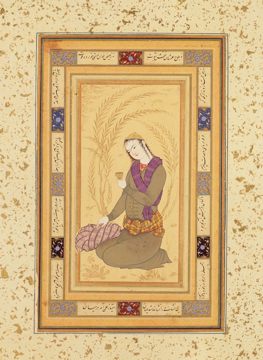 Büyük Clive Albümünden bir fincan tutan oturan genç, c.1610-20 by Persian School