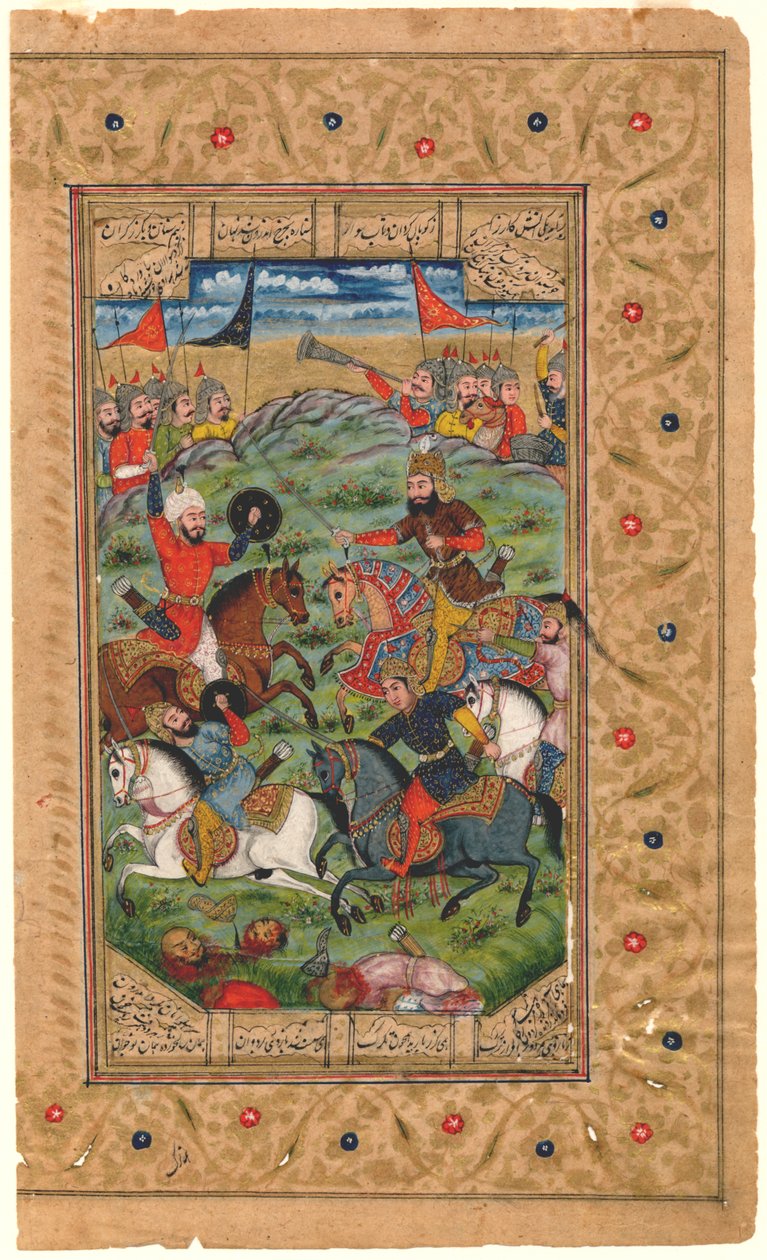 Şehname: Rüstem ve İsfandiyar Savaşa Başlıyor, 1600-1625 (tempera) by Persian School