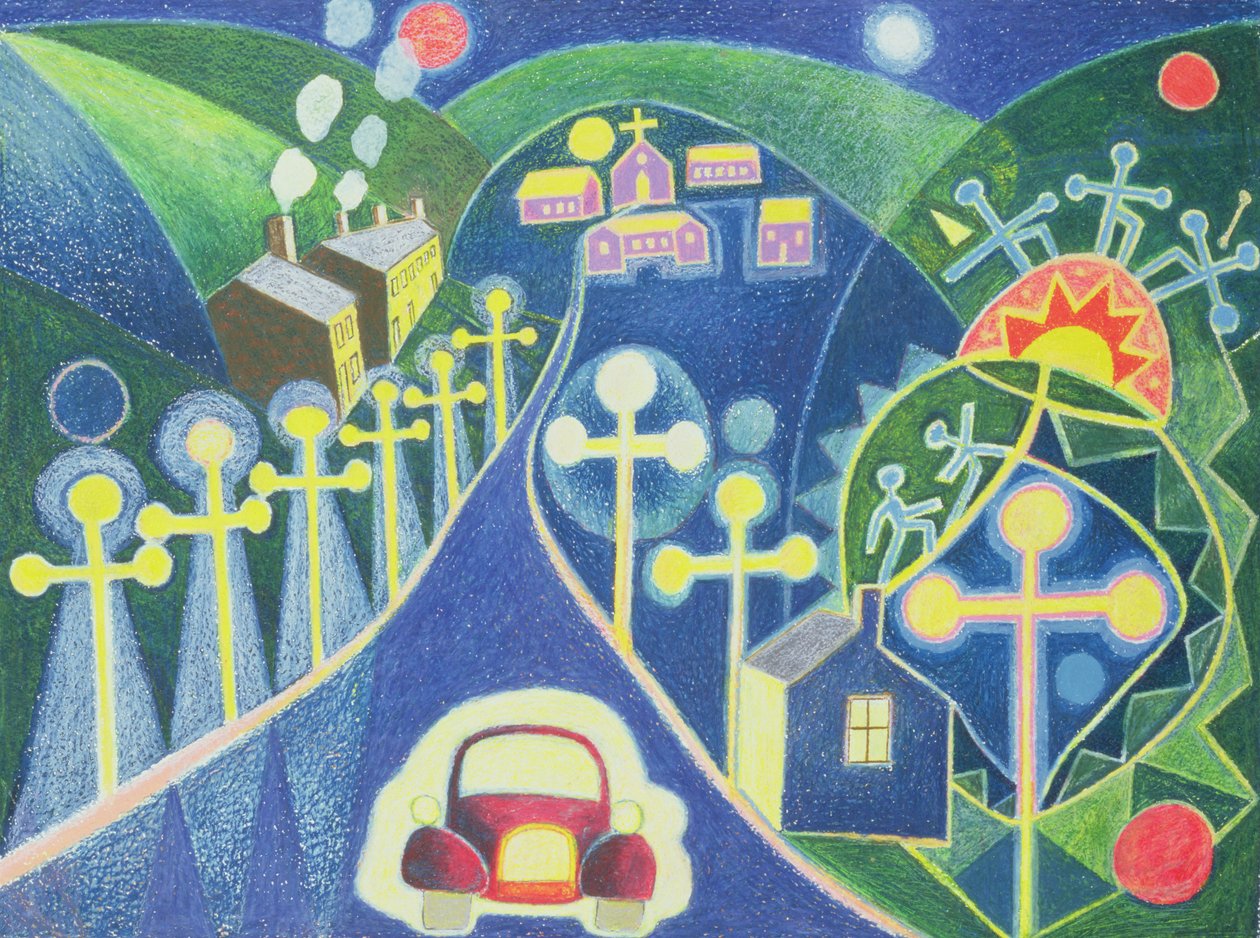 Mistik Köy, 1985 (kağıt üzerine yağlı pastel) by Peter Davidson