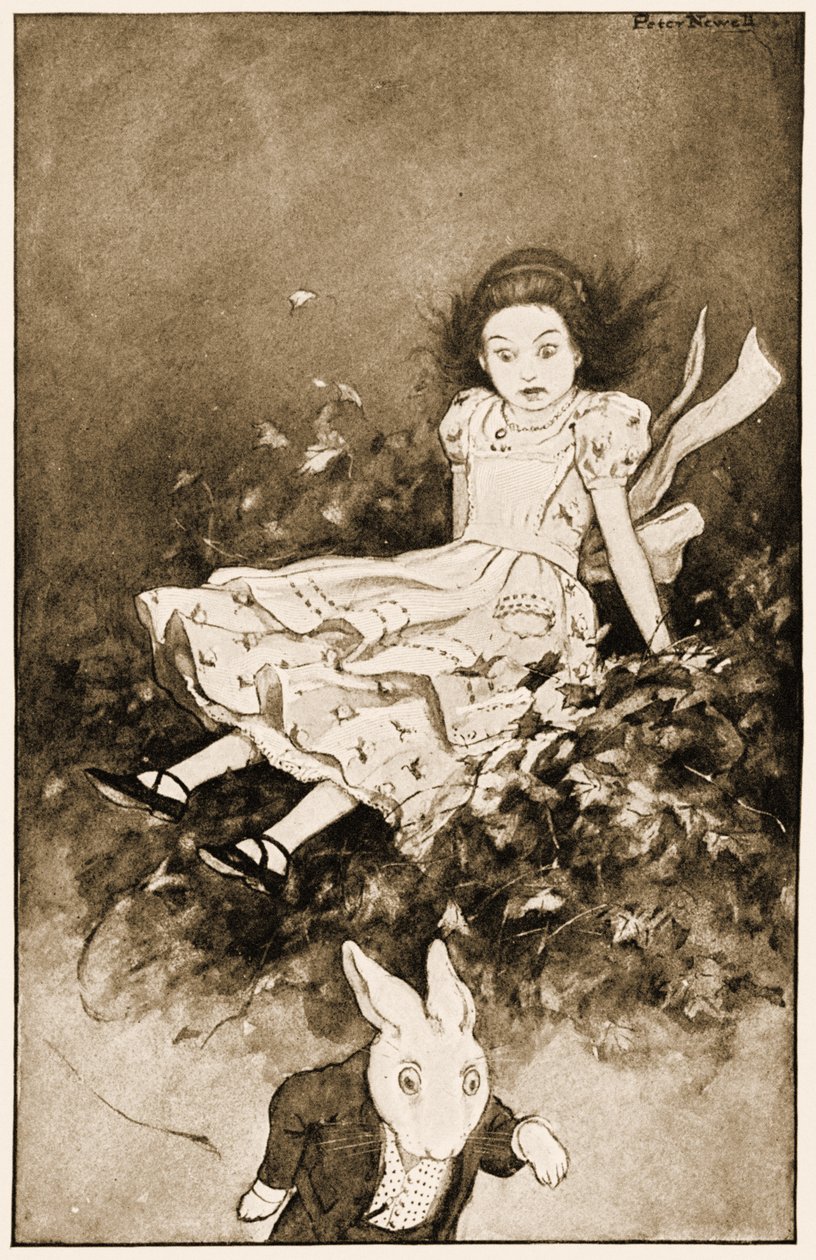 Yerde bir yığın kuru yaprak buldu, Lewis Carrolls Alices Adventures in Wonderland için illüstrasyon, 1901 by Peter Newell