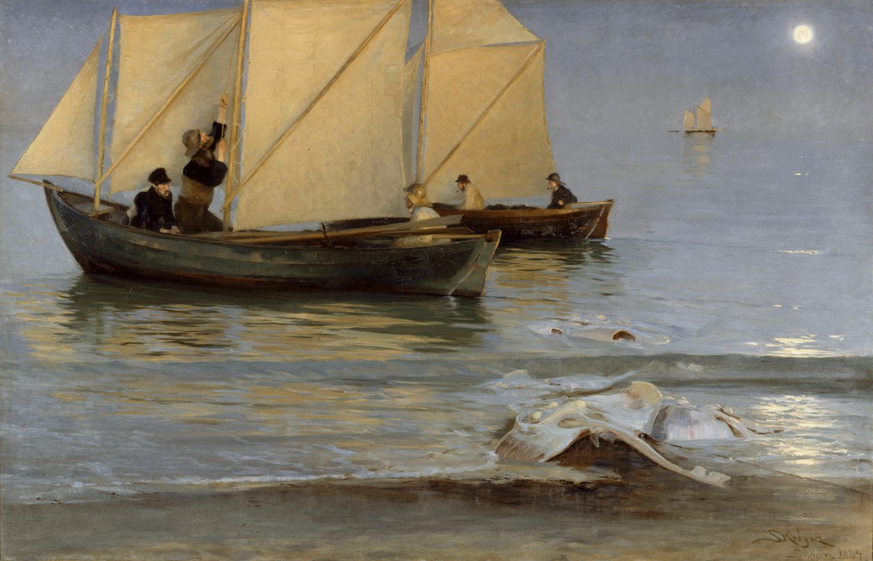Skagboers gece balık tutmak için dışarı çıkar. Sildik Yaz akşamı. by Peder Severin Krøyer