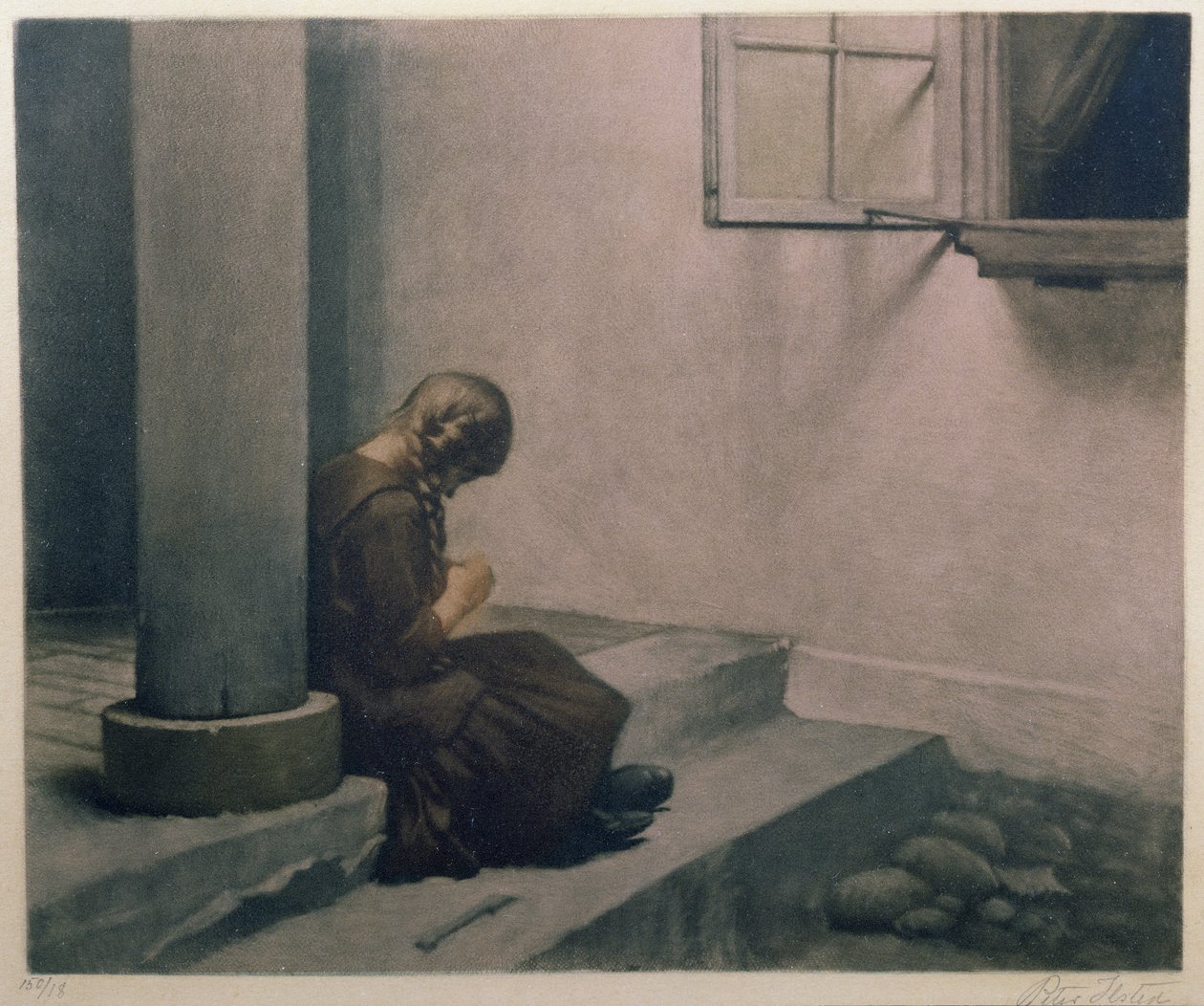 Basamaklarda Oturan Kız (renkli mezzotint) by Peter Vilhelm Ilsted