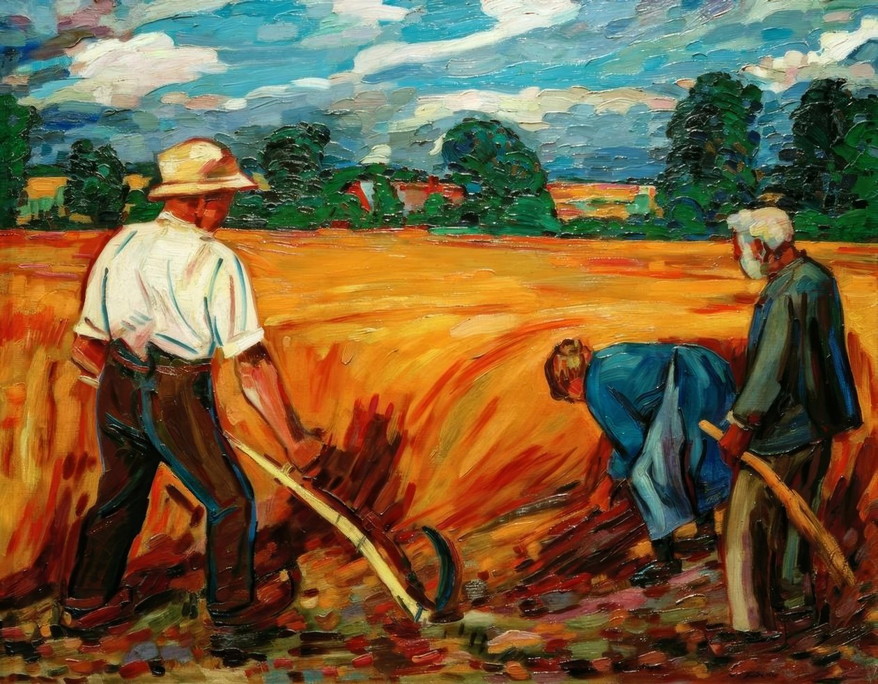 Baba ve kardeşleriyle hasat alanı by Peter August Böckstiegel