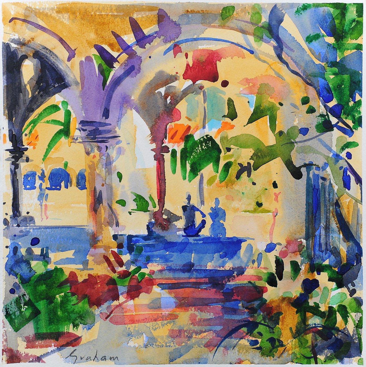 Stanford Cloisters, Kaliforniya, 2022 (suluboya) by Peter Graham