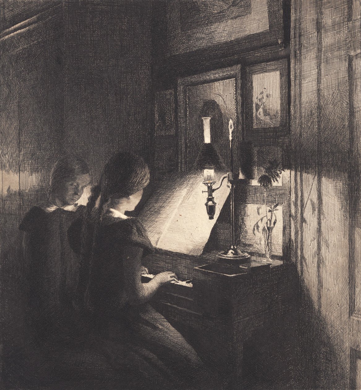 Piyano başında iki küçük kız by Peter Vilhelm Ilsted