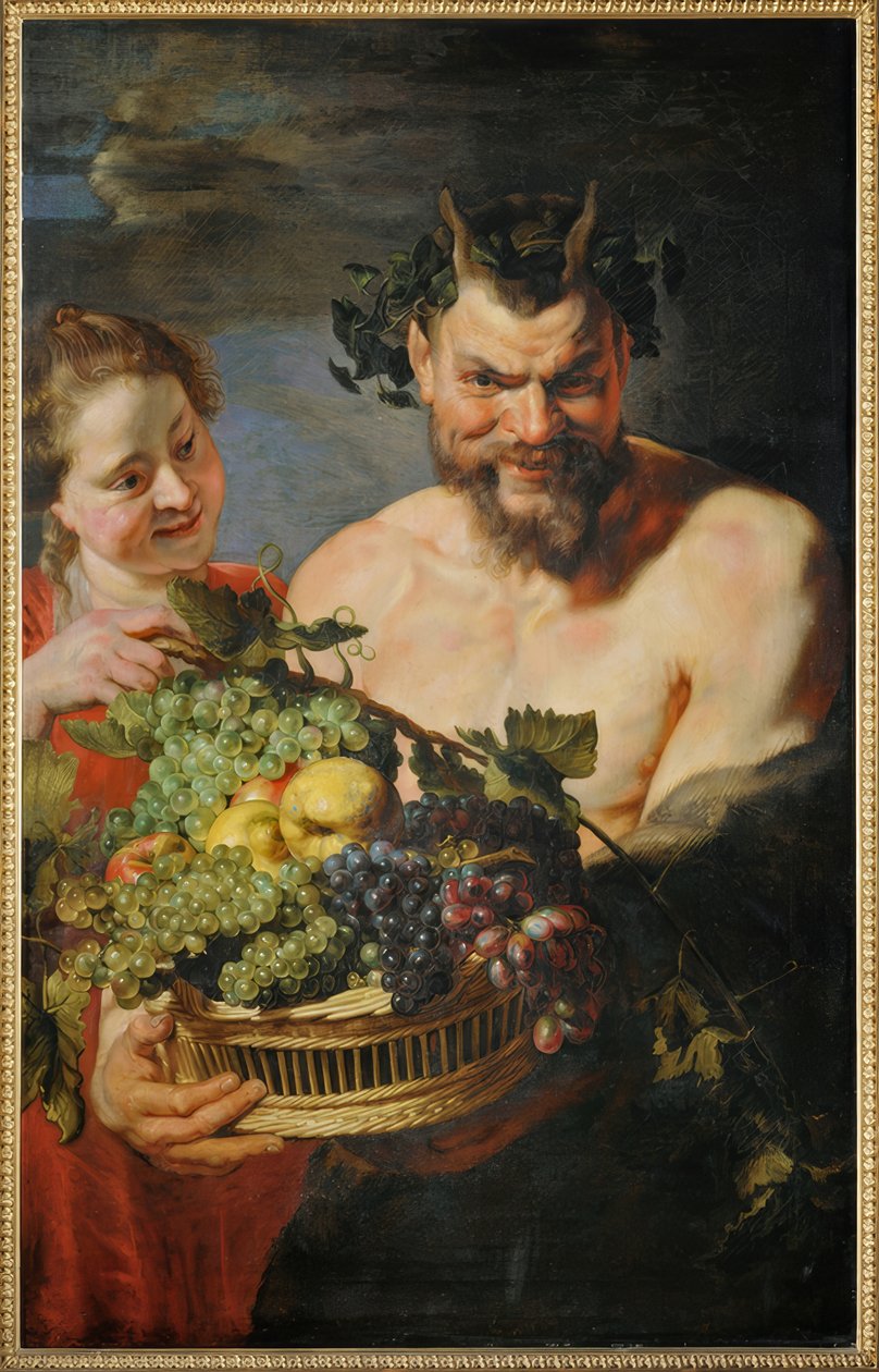 Satyr ve meyve sepeti olan kız by Peter Paul Rubens