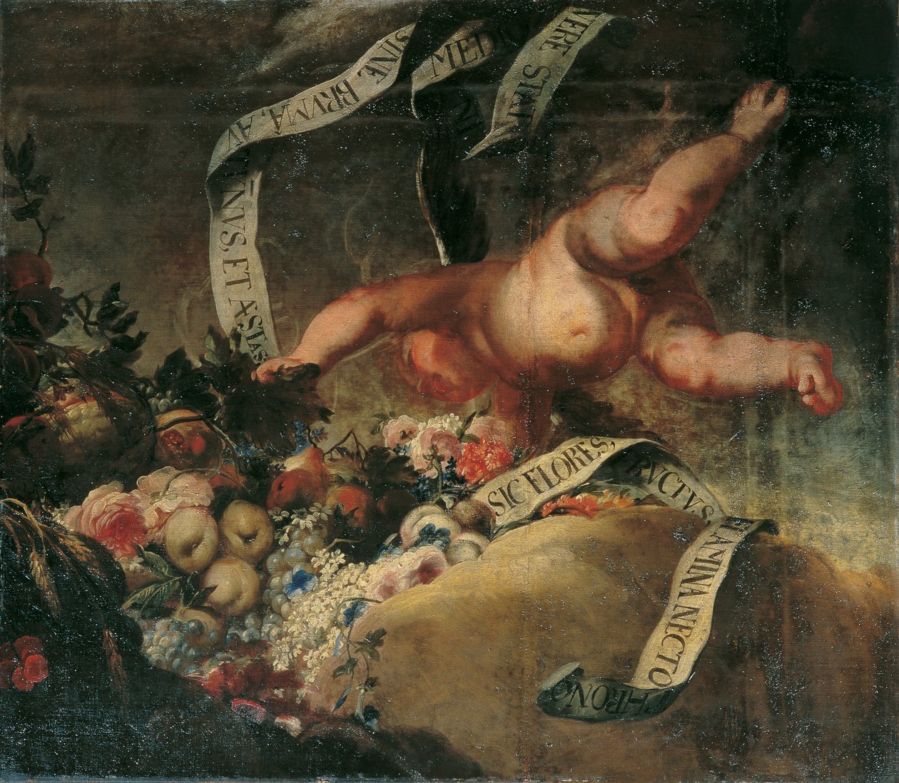 Çiçekler, meyveler ve afiş ile putto by Peter Strudel