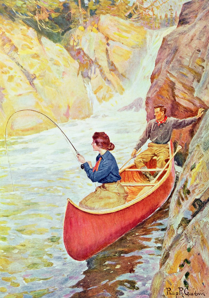 Bir şelalenin yanında balık tutan çift by Philip Russell Goodwin
