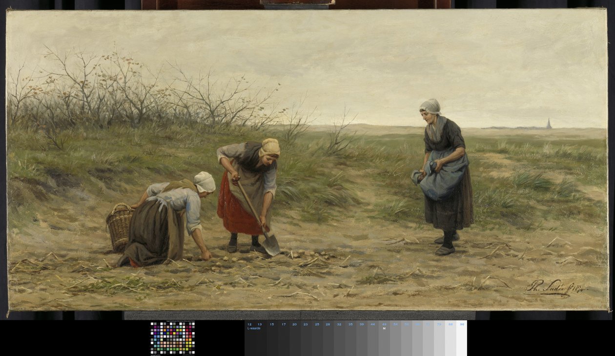 Temizlenmiş bir patates tarlasını okuyan Scheveningen kadınları. by Philip Lodewijk Jacob Frederick Sadee