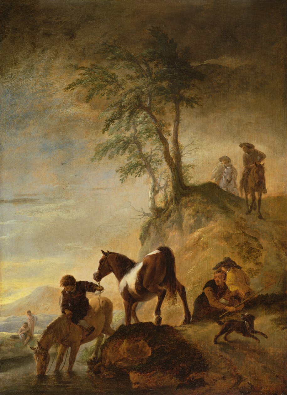 Atlarını sulayan biniciler (panel) by Philips Wouwerman