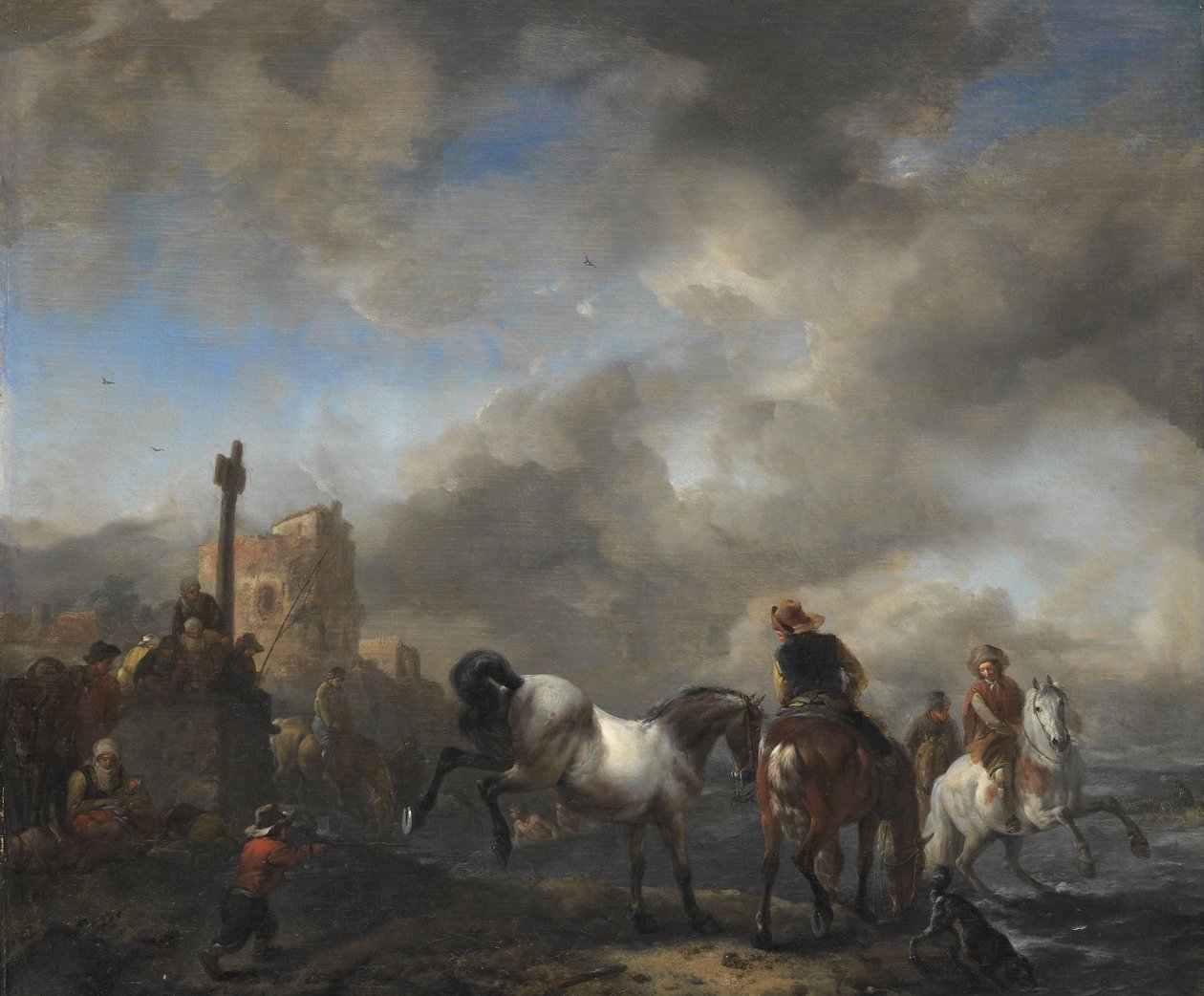 Sınır Taşının Yanında At Havuzu by Philips Wouwerman