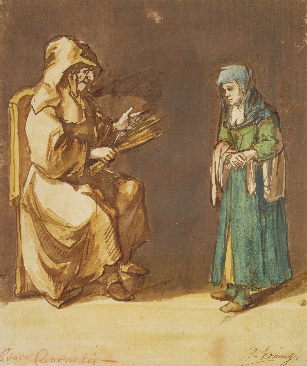 Kardeş Cornelis, Rahibe ve Tövbekar Kadın kılığında (kağıt üzerinde kalem ve fırça ve tuvalet) by Phillips de Koninck