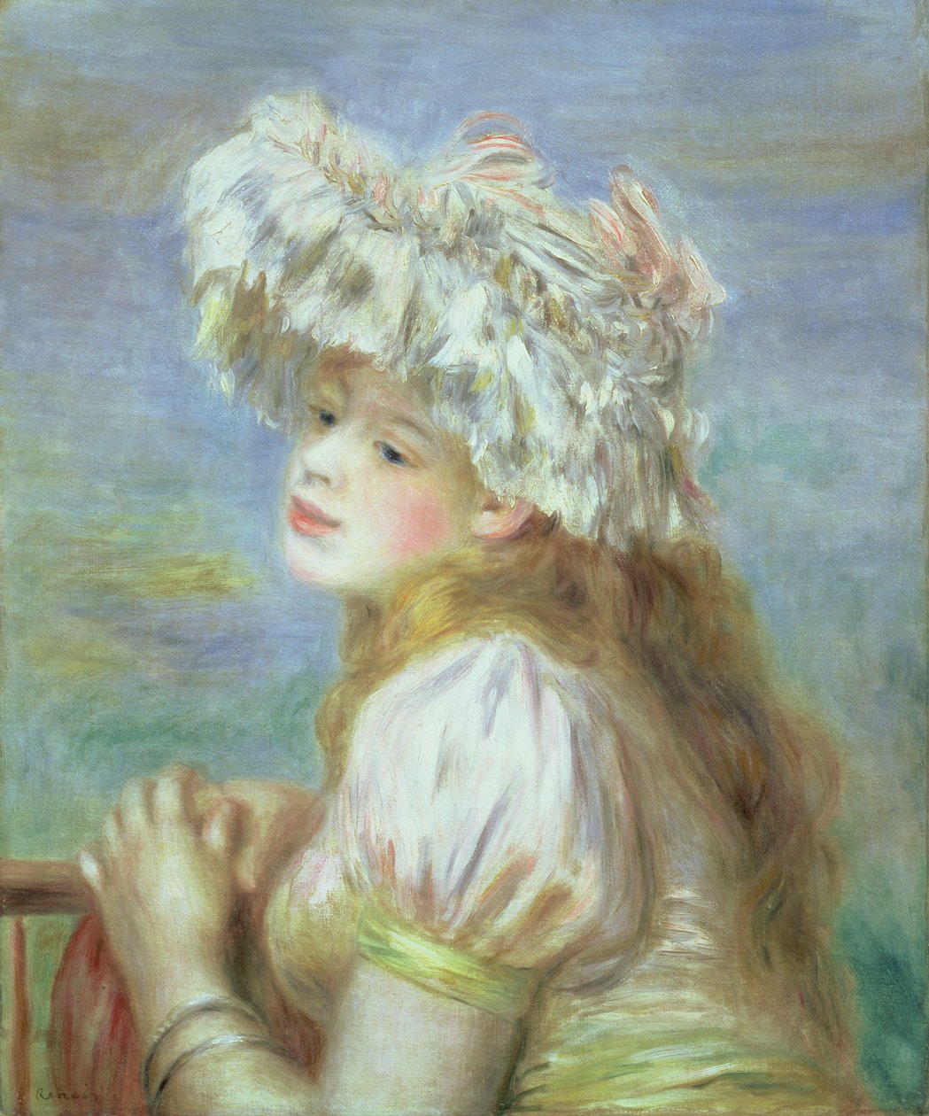 Dantel şapkalı genç bir kadının portresi, 1891 by Pierre Auguste Renoir