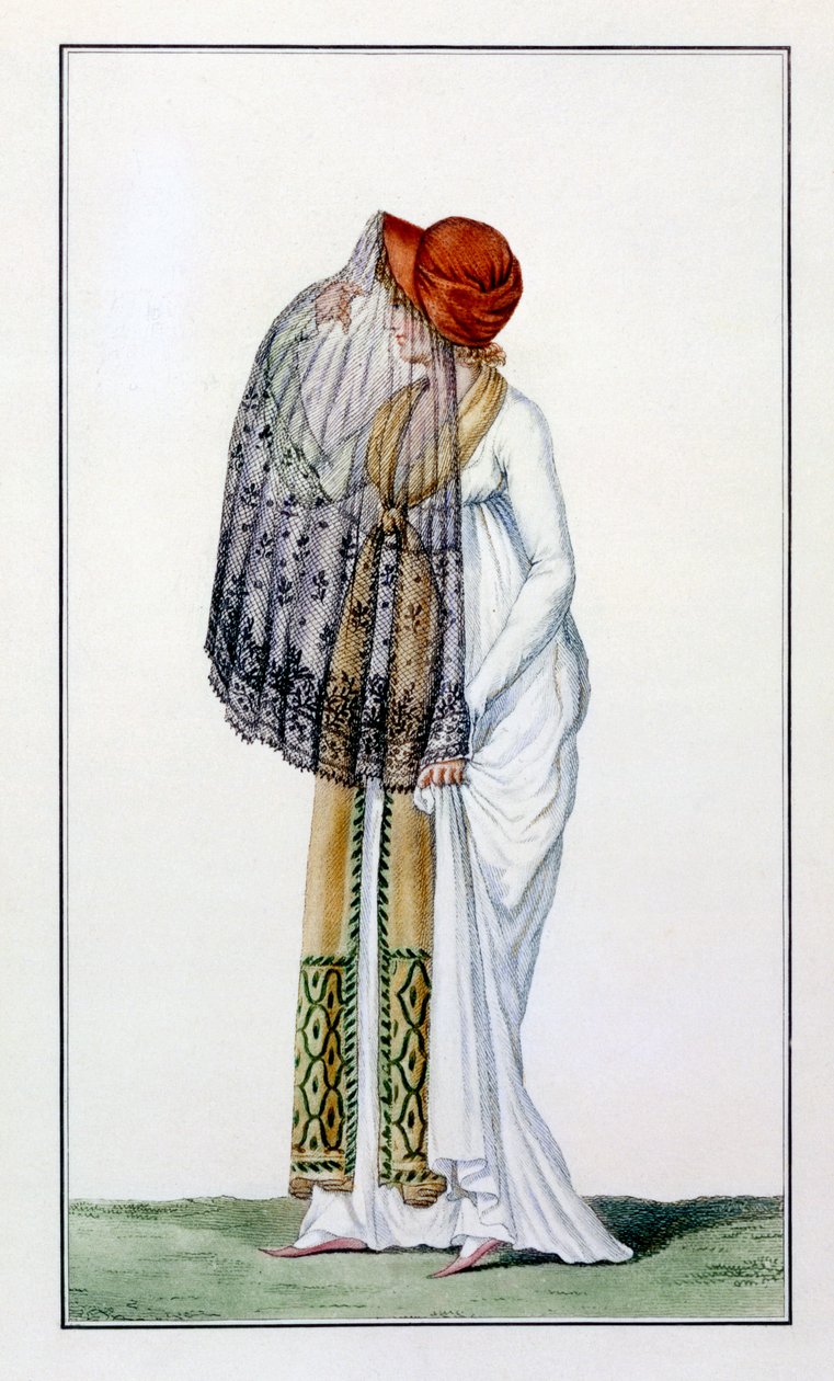 Journal des Dames, 1799'dan duvaklı bayanlar günü elbisesi by Pierre de La Mesangere