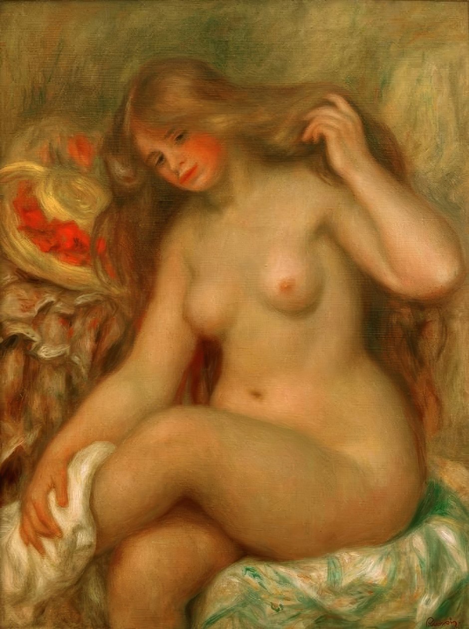 Bağdaş kurup yıkanan kişi ve şapka by Pierre Auguste Renoir
