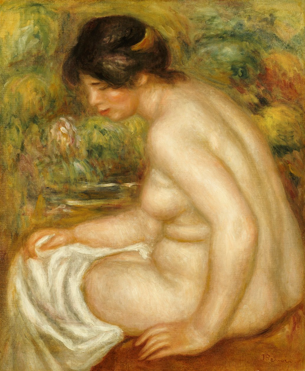 Oturan bir yüzücünün yandan görünüşü by Pierre Auguste Renoir