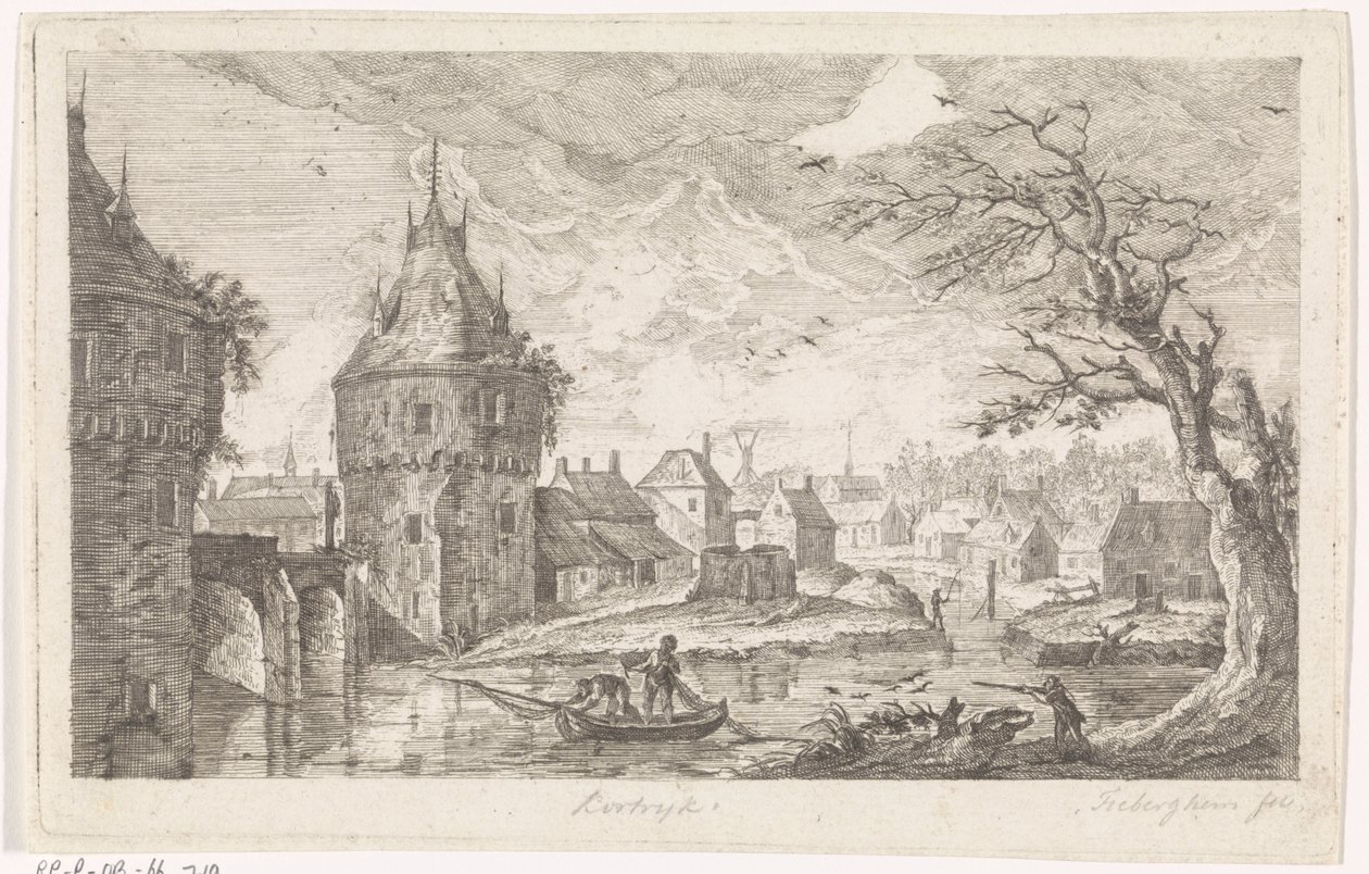 Balıkçılar ile köy manzarası by Pierre Joseph Jacques Tiberghien