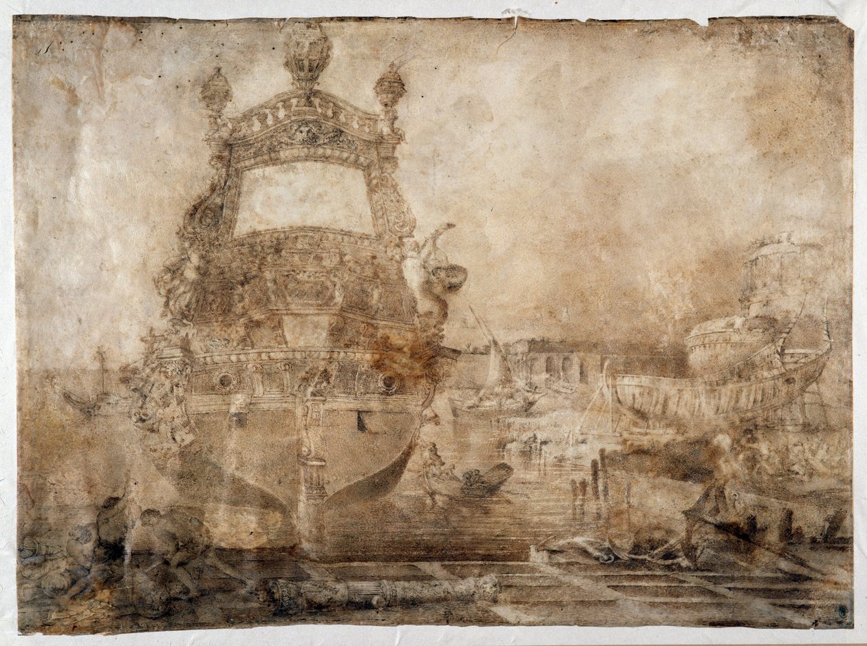 Bir tersanenin yakınında bir gemiyi silahlandırmak (sanguine) by Pierre Puget