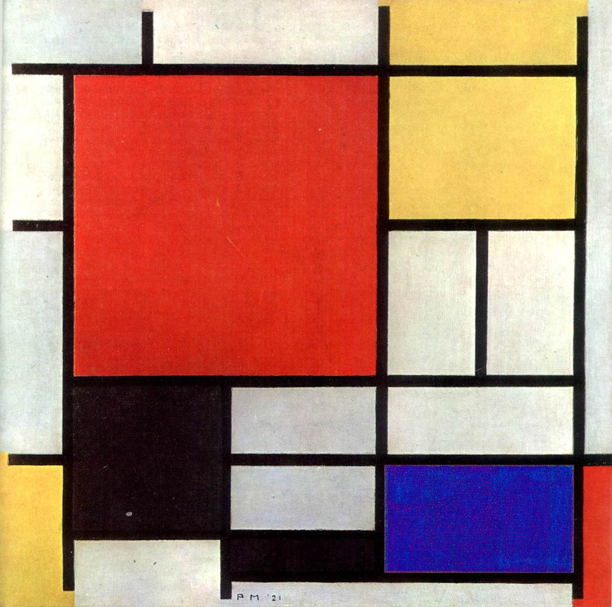 Kırmızı, sarı, mavi ve siyah kompozisyon by Piet Mondrian