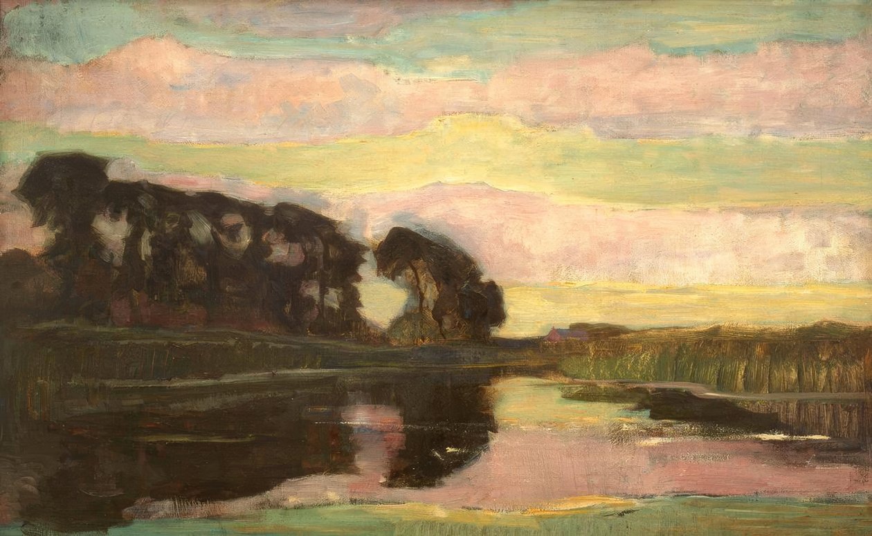 Pembe ve sarı-yeşil gökyüzü ile nehir manzarası by Piet Mondrian