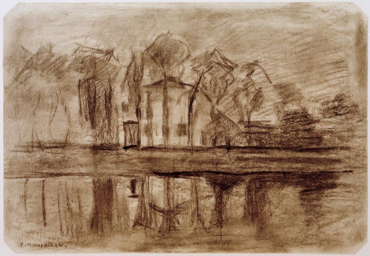 Su kenarında ağaçları olan ev by Piet Mondrian