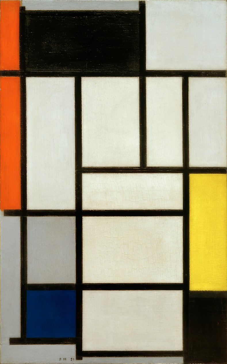 Kırmızı, siyah, sarı, mavi ve gri ile kompozisyon; kompozisyon by Piet Mondrian