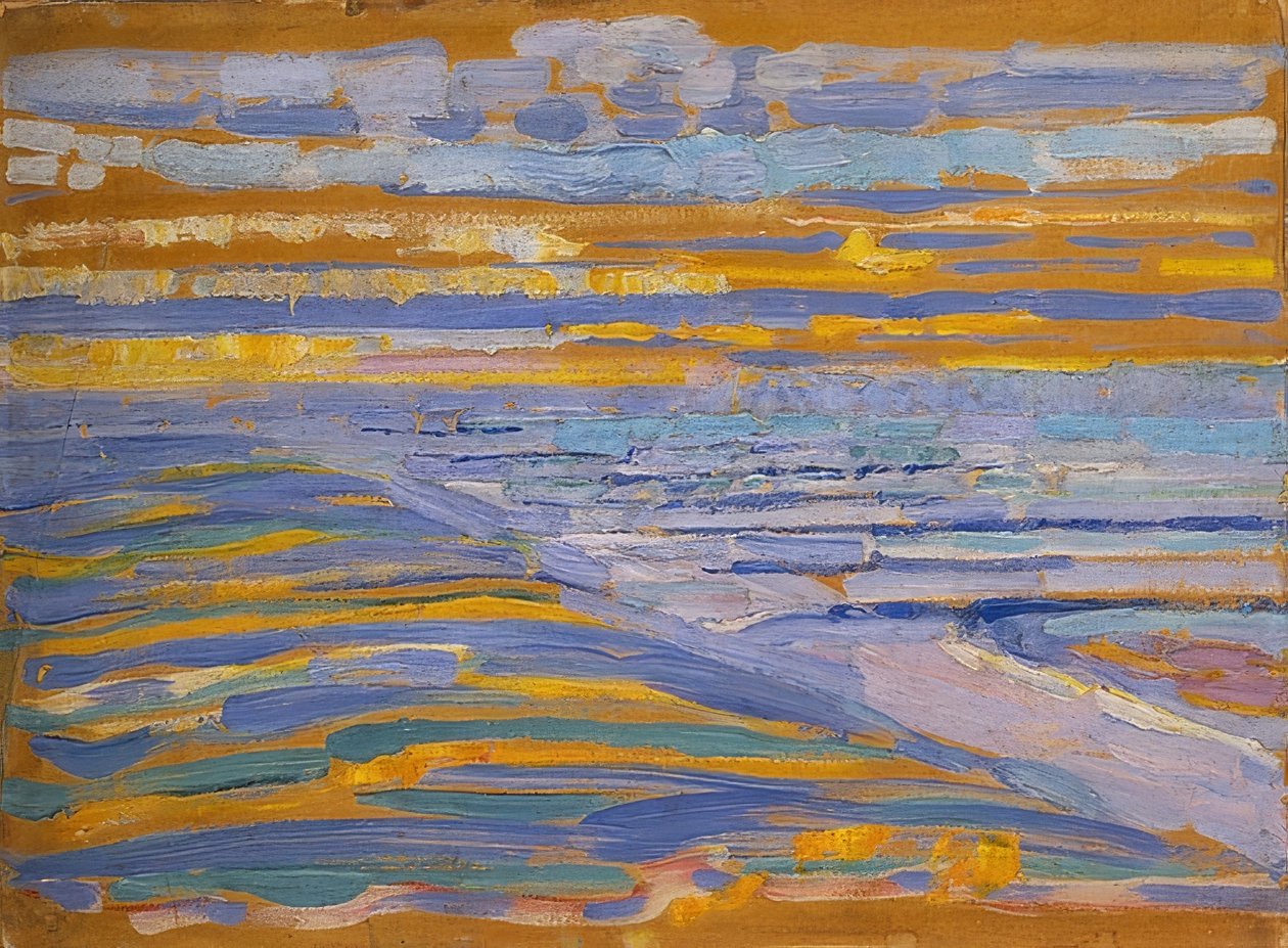 Plaj ve iskele ile kum tepeleri, Domburg. 1909 by Piet Mondrian