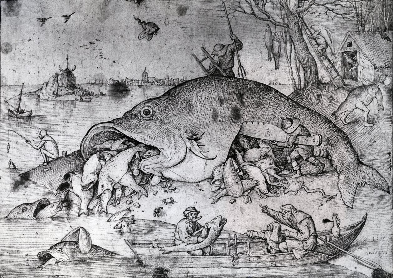 Büyük balıklar küçükleri yer, 1556 (kağıt üzerine kalem ve mürekkep) by Pieter Bruegel the Elder
