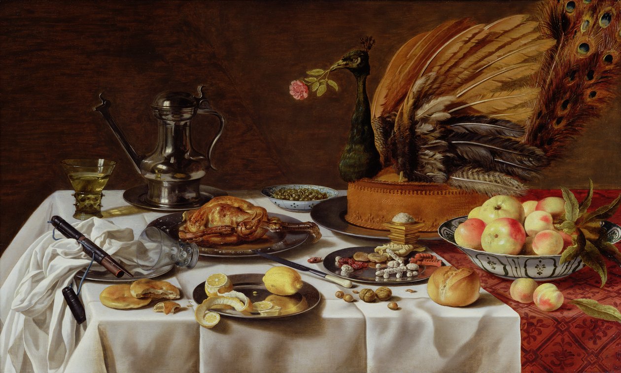 Tavus Kuşu Turtası ile Natürmort, 1627 by Pieter Claesz