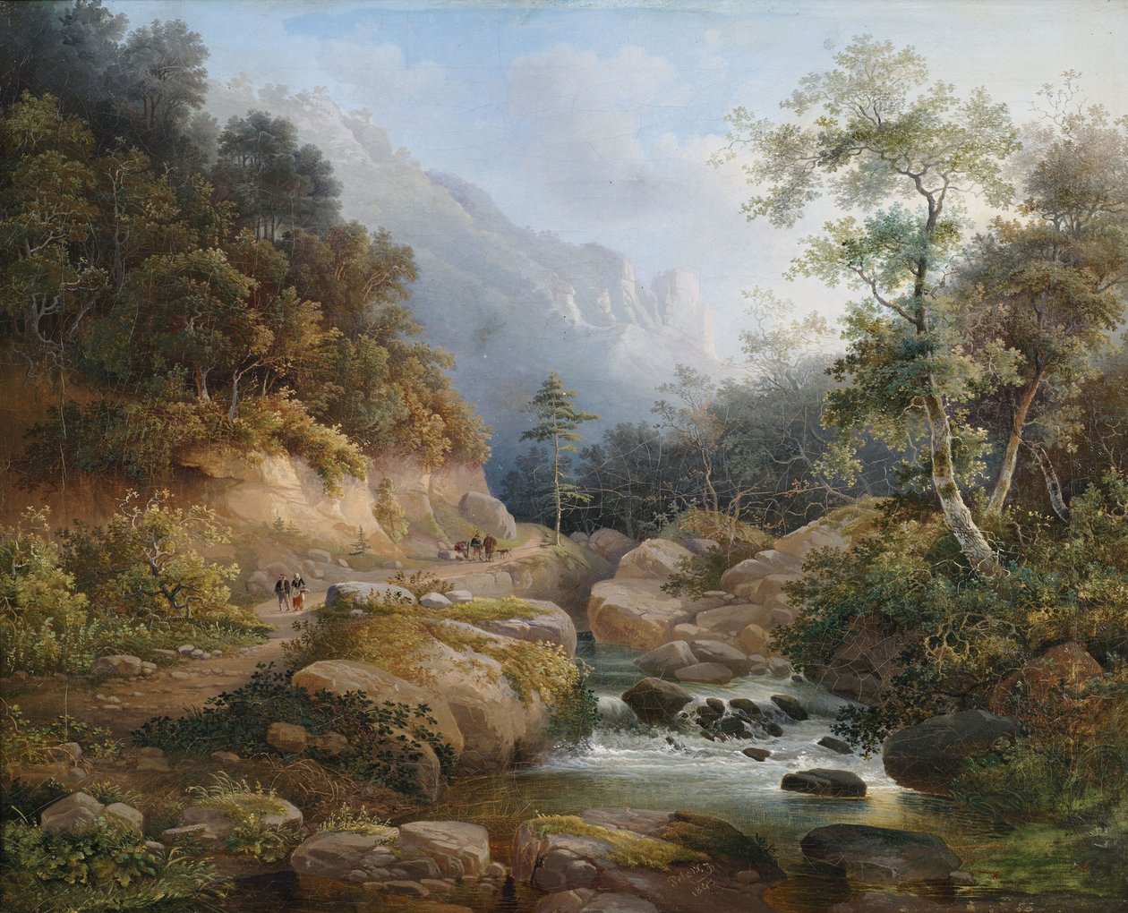 Figür kadrosu ile dağlık nehir manzarası by Pieter Francis Peters