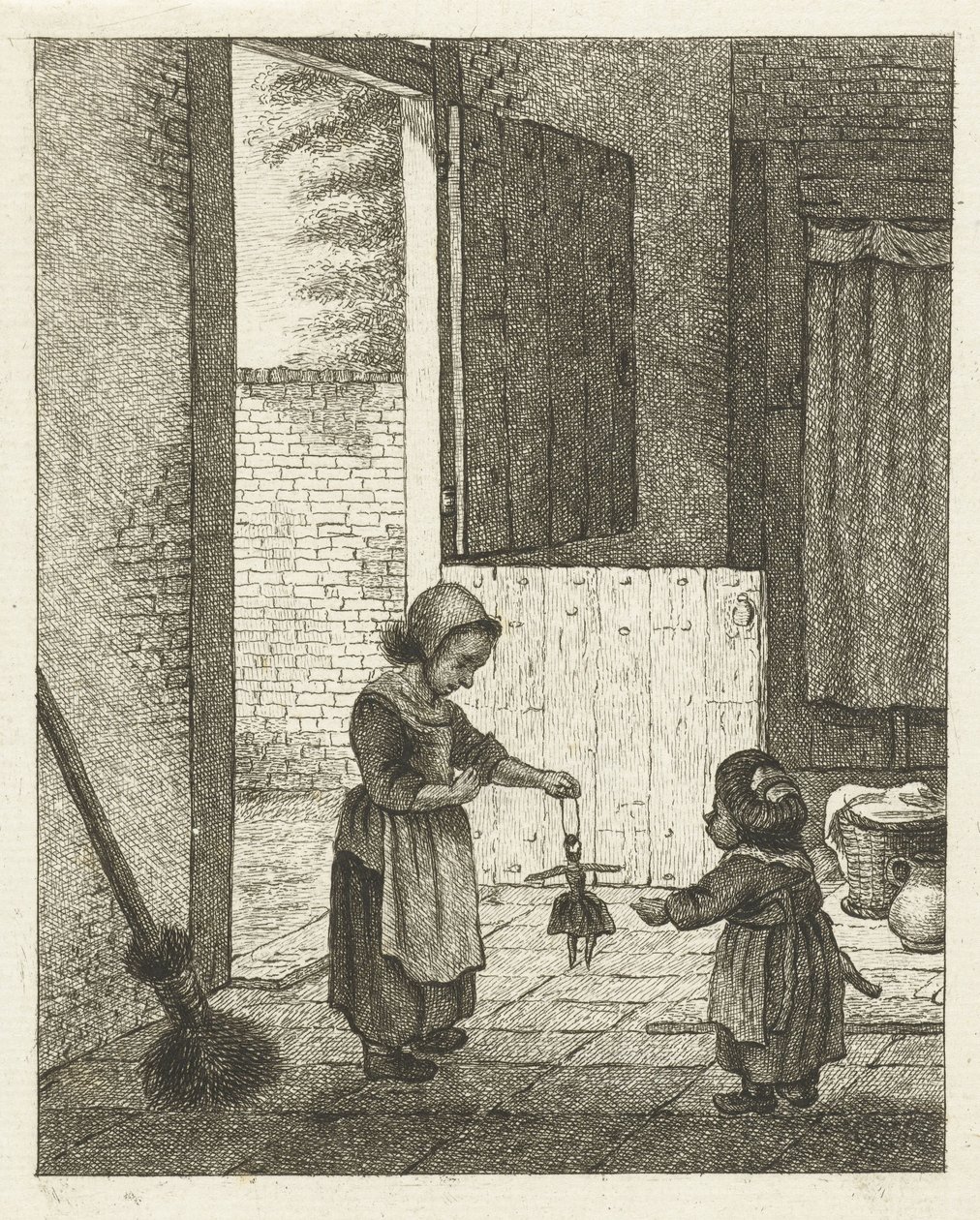 Bir bebekle oynayan iki kız by Pieter de Mare