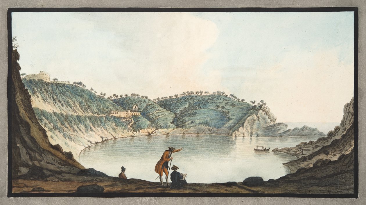 Nisida adasındaki Porto Pavone'nin görünümü, 'Campi Phlegraei: İki Sicilya'nın Volkanları Üzerine Gözlemler'den Levha XXII, Sir William Hamilton (1730-1803), 1776'da yayınlandı (el rengi by Pietro Fabris