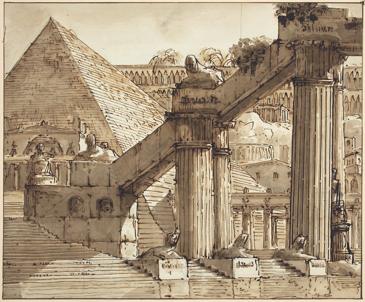 Mısır Sahne Tasarımı, 1800-10 (yayılmış kağıt üzerinde grafit üzerinde kahverengi yıkama ile kalem ve kahverengi mürekkep) by Pietro Gonzaga