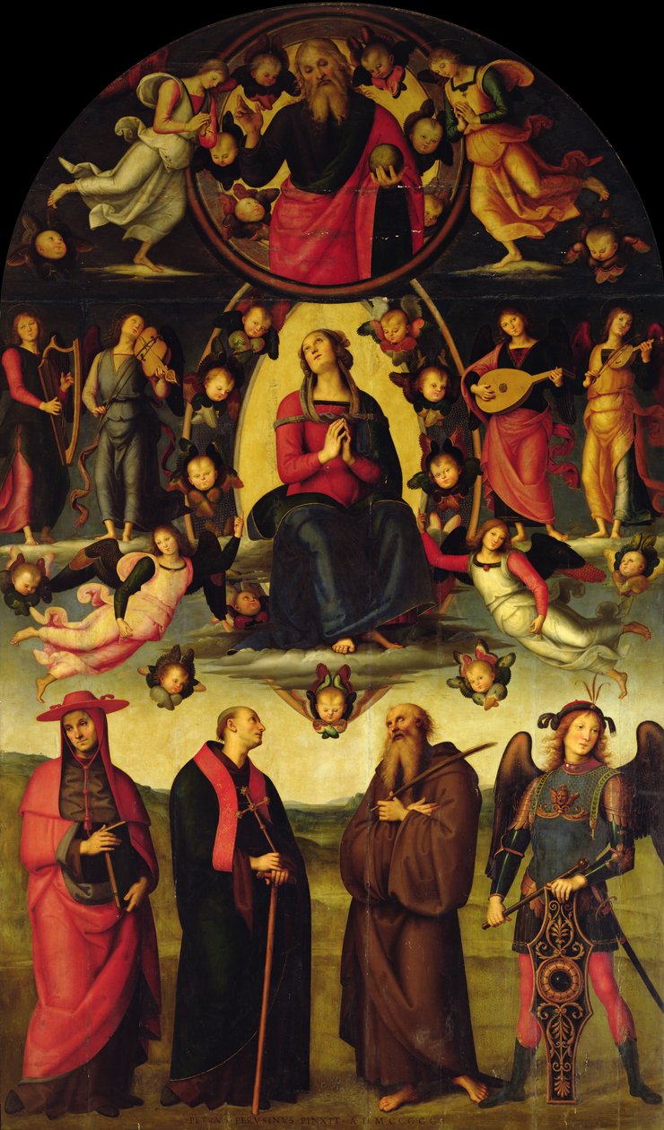 Bakire melekler ve azizlerle tahta çıktı (Vallombrosa sunağı) by Pietro Perugino