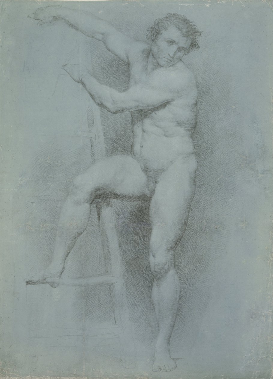 Bir merdivene yaslanmış çıplak erkek by Pompeo Girolamo Batoni