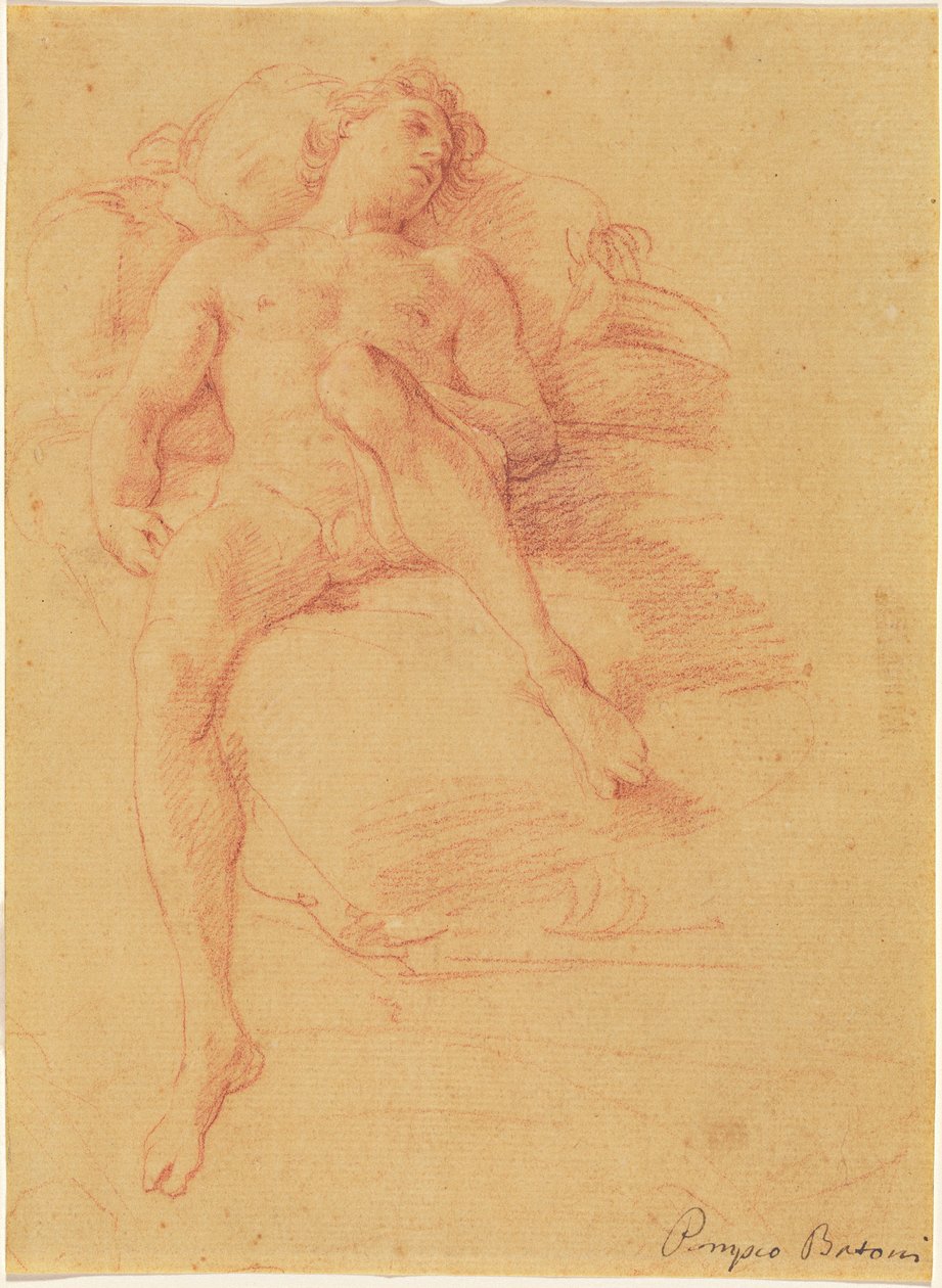 bir yatakta uzanmış çıplak erkek by Pompeo Batoni